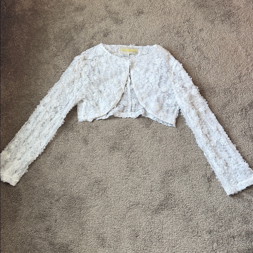 Dresses by Nubiano White 3D Floral Rosette Dress & Shrug Bolero Set Size 14 - Picture 7 of 11